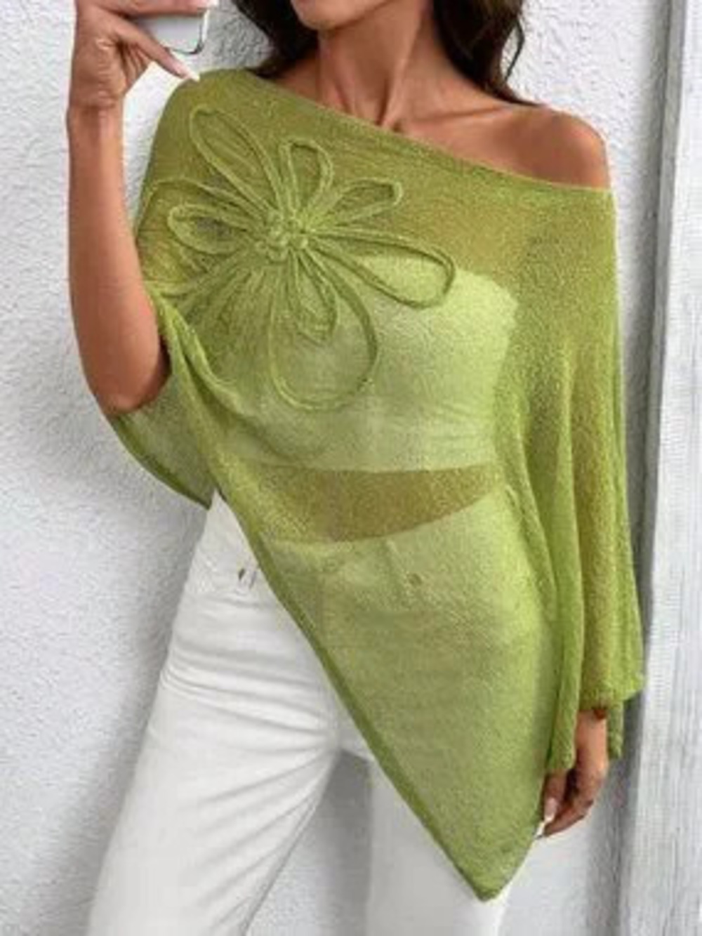 ZARA Green Casual Women's Plus Size Asymmetric Hem Design Poncho Style Knit Top